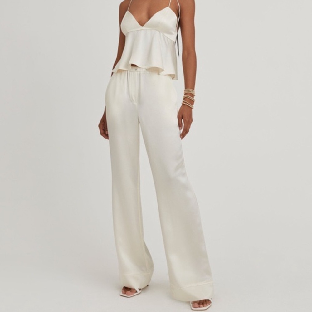 Something navy white silk set, both top and bottom size small.